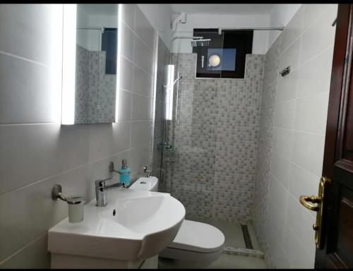 Бор и Шишарка的一间带水槽、卫生间和镜子的浴室