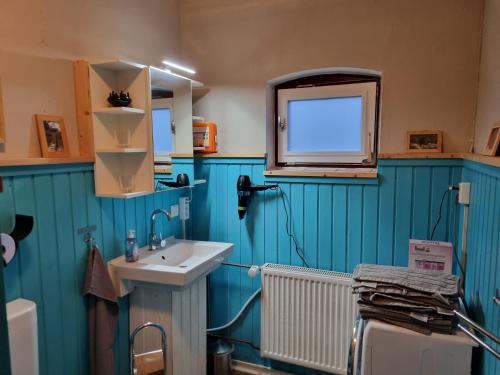 BülstedtFerienwohnung Noltenius的浴室设有蓝色的墙壁、水槽和窗户。