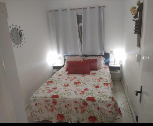 巴拉曼萨Confortável apartamento no centro ano bom的一间卧室配有一张带红色枕头的床和一扇窗户
