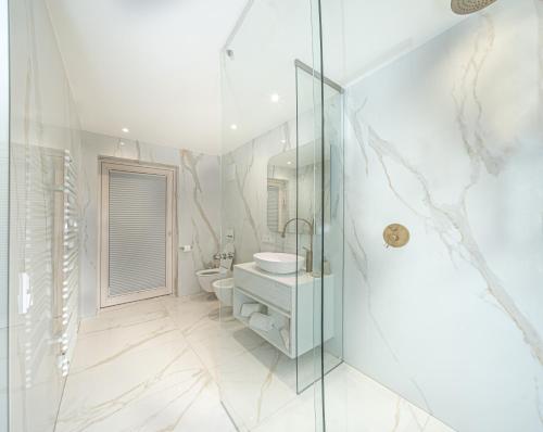 塞尔瓦迪加尔代纳山谷Chalet Villa Carolina的一间带玻璃淋浴和水槽的浴室