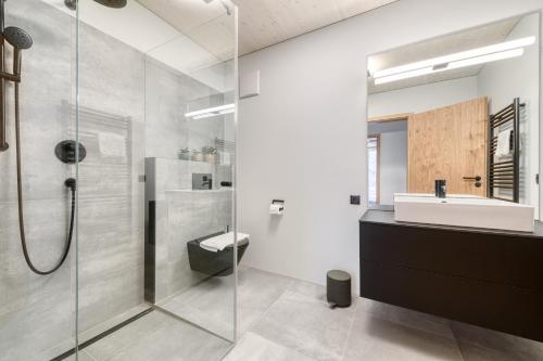 布兰德Appartement Zentral mit Panoramasauna by A-Appartments的带淋浴、卫生间和盥洗盆的浴室