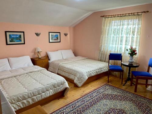 皮索德里Eleni's Guesthouse的一间卧室设有两张床、一张桌子和一个窗口