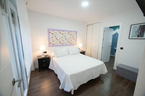 普拉森西亚las DOS CATEDRALES 2的卧室配有白色的床和墙上的绘画作品