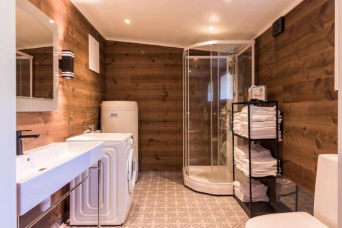 SundSharming cabin in Sund的带淋浴、盥洗盆和卫生间的浴室