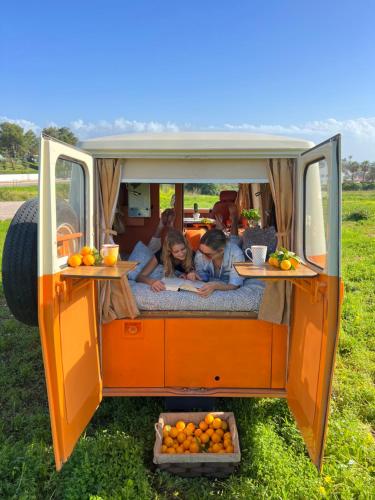 波尔蒂芒Rent a BlueClassics 's Campervan combi J9 en Algarve au Portugal的一群人躺在一辆面包车后面
