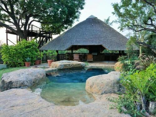 侯斯普瑞特Kum Kula Lodge的一个带凉亭和一些岩石的游泳池