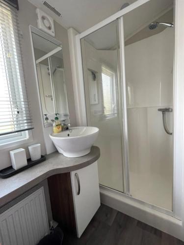 哈佛威斯特CP1 Caravan, Howelston Holiday Park的浴室配有白色水槽和淋浴。