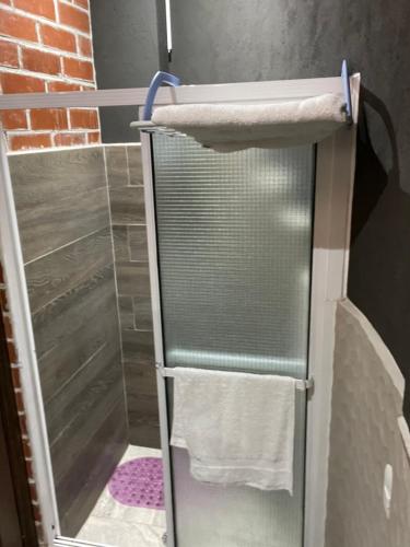 韦韦特南戈HuehueLoft1 estacionamiento y wifi的浴室内配有毛巾架和淋浴