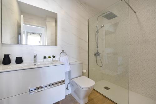 圣尼科拉斯村Apartamento Starlight La Aldea II的带淋浴、卫生间和盥洗盆的浴室