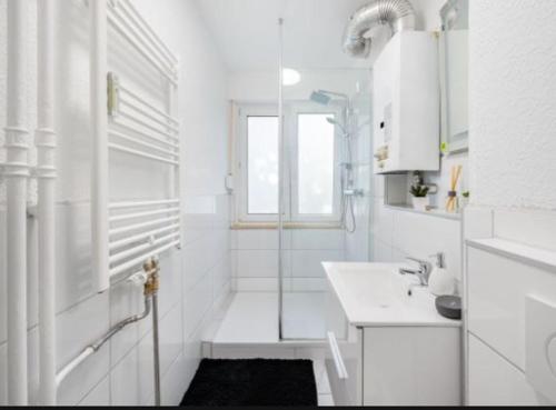 海尔布隆Schickes Appartement an der Neckarpromenade的带淋浴和盥洗盆的白色浴室