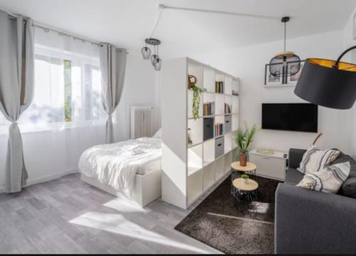 海尔布隆Schickes Appartement an der Neckarpromenade的白色卧室配有床和沙发