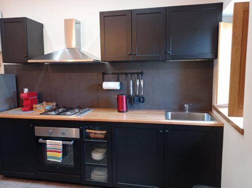 BussoAl Noceto Countryside的厨房配有黑色橱柜和水槽