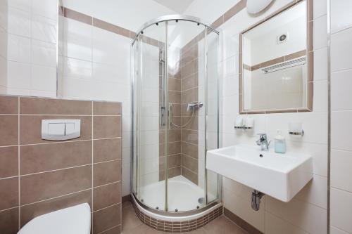 利托梅日采罗斯福饭店的带淋浴、盥洗盆和卫生间的浴室