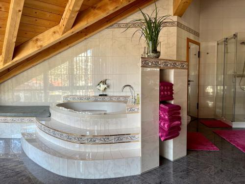 米滕瓦尔德Wally Luxus Lodge im Ferienhaus Magdalena的带浴缸和盥洗盆的浴室