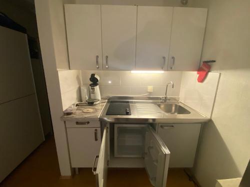 美因茨Appartement Altstadt Mainz的小厨房配有白色橱柜和水槽