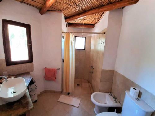 胡阿卡勒拉CabañaPerchel Tilcara Quebrada de Humahuaca的一间带水槽、卫生间和淋浴的浴室
