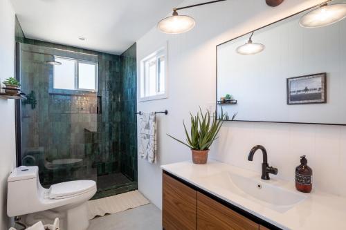 Sunfair HeightsRemote, Hot Tub, Cowboy Pool, Hammocks的浴室配有卫生间、盥洗盆和淋浴。