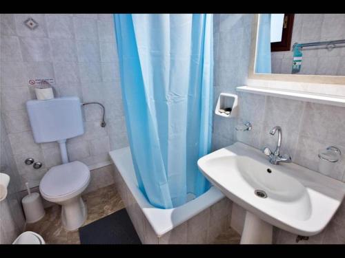 依拉佩特拉Studio with sea view的浴室设有卫生间和蓝色的浴帘。