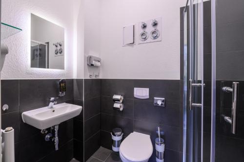 科隆Royale Apartaments Central City Cologne的浴室配有卫生间、盥洗盆和淋浴。