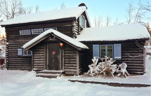 韦姆达伦Lovely Home In Vemdalen With Sauna的雪地小木屋,前面有雕像
