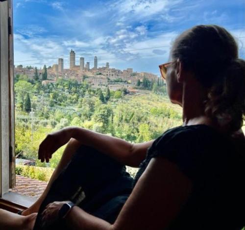 圣吉米纳诺B&B Il Fienile San Gimignano的坐在窗外望着城市的女人
