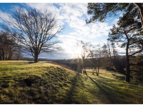 卡布里奇Dalrachney Lodge的一片绿树成荫的山丘,天空中阳光灿烂