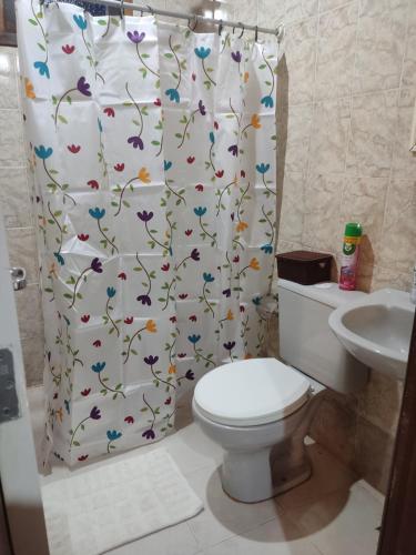 巴哈古拉提巴Mangue House 2的浴室设有卫生间和带蝴蝶的浴帘