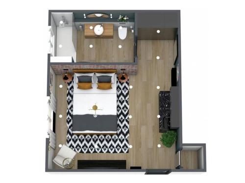 米尔顿凯恩斯Newly Refurbished Luxury Hotel Style Accommodation的配有一张床的客房的平面图