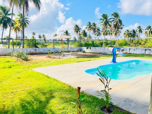 佩德拉斯港Pousada Iandê Patacho的棕榈树庭院内的游泳池