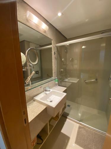 巴西利亚Flat Jade Hotel Brasília的一间带水槽、淋浴和镜子的浴室