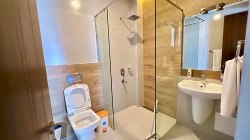 穆里Ahmed Suites的浴室配有卫生间、盥洗盆和淋浴。