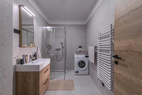 斯洛文尼亚格拉代茨Apartmaji Harpf的一间带水槽和洗衣机的浴室