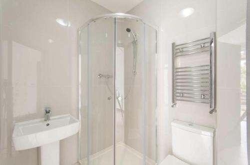伦敦City Riverview Apartment with Parking的带淋浴和盥洗盆的白色浴室