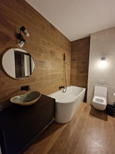 普雷代亚尔Vila Carolyne的带浴缸、盥洗盆和卫生间的浴室