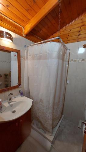 纳哈里亚Happiness Zimmer צימר האושר - גם לציבור הדתי的浴室配有淋浴帘和盥洗盆。
