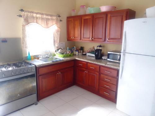 卢西Simpson's residence的厨房配有木制橱柜和白色冰箱。