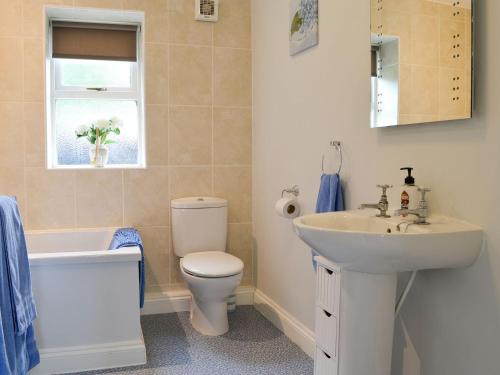 EdmondbyersBullions Farm Cottage的浴室配有盥洗盆、卫生间、浴缸和盥洗盆。