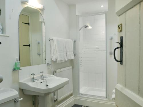 阿克斯明斯特Porters Lodge的白色的浴室设有水槽和淋浴。