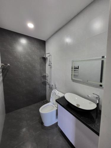 邦美蜀T Home BMT的一间带卫生间、水槽和镜子的浴室