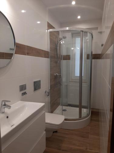 亚斯塔尔尼亚Blisko morza的带淋浴、卫生间和盥洗盆的浴室