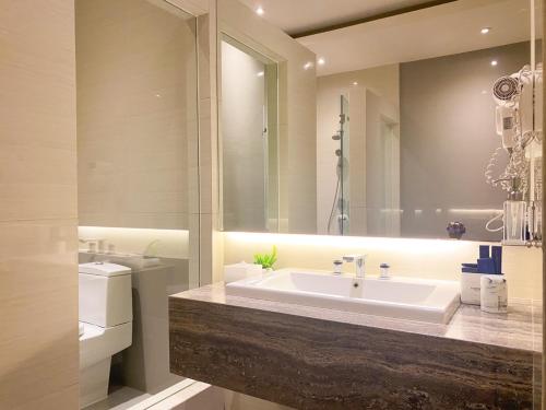 庞越庞越布鲁姆公园酒店 的一间带水槽和镜子的浴室
