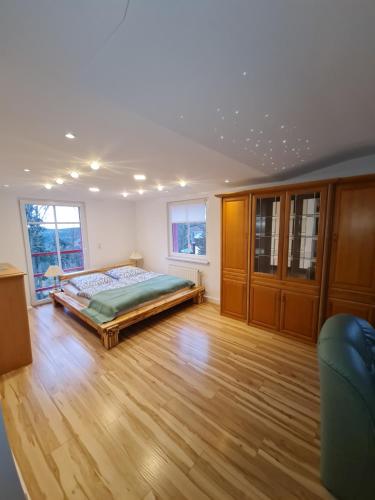 Kurort BärenburgHaus Fernblick的卧室配有一张床、木地板和窗户。