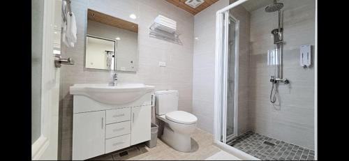 员山乡莫民宿 MO Homestay的浴室配有卫生间、盥洗盆和淋浴。