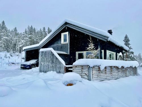 海姆瑟达尔Great cabin in Hemsedal wifi golf ski eldorado的一座雪覆盖的房子,旁边停有一辆汽车