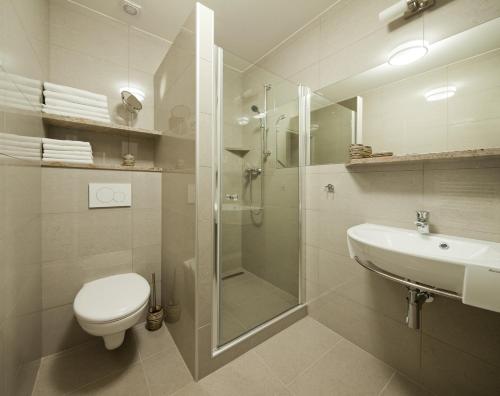 道尼库宾海滨顶级旅馆 的带淋浴、卫生间和盥洗盆的浴室
