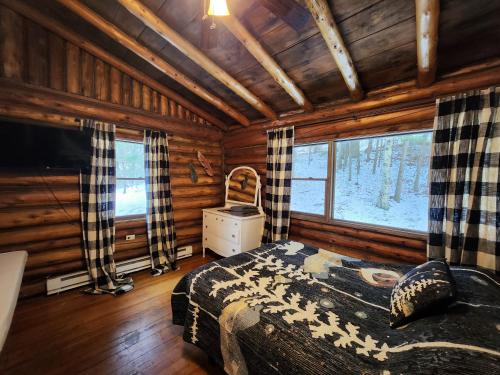 乔治湖Adirondack Diamond Point Lodge的小木屋内一间卧室,配有一张床