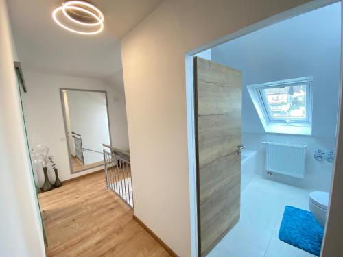 HimmelkronFerienwohnung Fuchs的一间位于客房内的带玻璃淋浴间的浴室