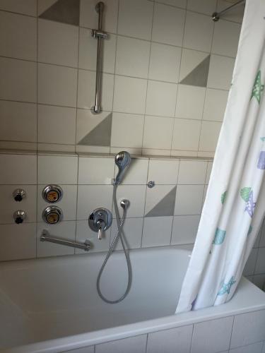 威斯巴登Zimmer Frei 1的浴室内配有淋浴和头顶淋浴