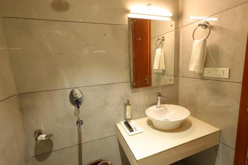 巴雷利Hotel Darbar-E-Khas A member of Crimson Hotels的一间带水槽和镜子的浴室