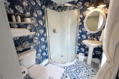 SmicksburgCozy, historic 5-bedroom home in Amish country的蓝色和白色的浴室设有淋浴和水槽